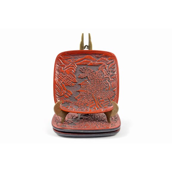 Other - Appitizer Plates Set 3 Vintage Japanese Cinnabar Lacquer Ware Oriental Pagoda